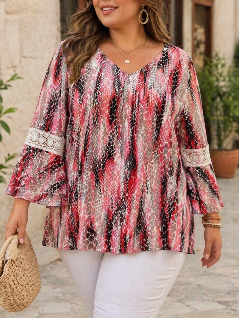 Tacera Plus Size Boho Abstract Print Blouse Bell Sleeve V-Neck Flowy Tunic Top